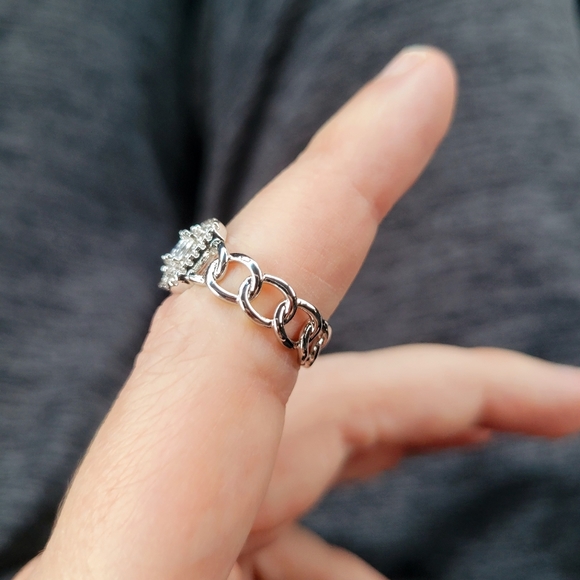 Diamond Halo Clear Crystal Silver Chain Link Band Ring Size 6 - Picture 5 of 10